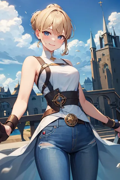 ((masterpiece,best quality)), absurdres,
<lora:Gwyneth_AFK:0.7>, Gwyneth_AFK, white shirt, (blue denim jeans),
solo, smiling, looking at viewer, cowboy shot,
castle in background, cinematic composition, dynamic pose,
