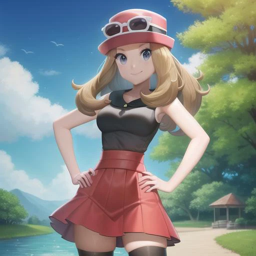[Serena_(Pokemon)], [Uploaded to rule34.xxx; (kingmaster), (shosho_oekaki), (nekololisama)], ((masterpiece)), ((HD)), ((detailed shading)), ((1girl)), ((solo portrait)), ((cowboy shot)), ((front view)), ((cute anime girl)), {(long dirty blonde hair), (cute blue eyes), (gorgeous hips), (beautiful legs), (beautiful lips), (camel toe), (excited smile)}, {(black turtleneck sweater), (sleeveless), (short red skirt), (black opaque thigh-high socks), (pink hat on head), (sunglasses on hat), (upskirt white panties)}, {(standing), (arms behind back), (pigeon-toed), (looking ahead)}, [background; (flowers), (grass plains), (blue cloudy sky), (sun rays)]