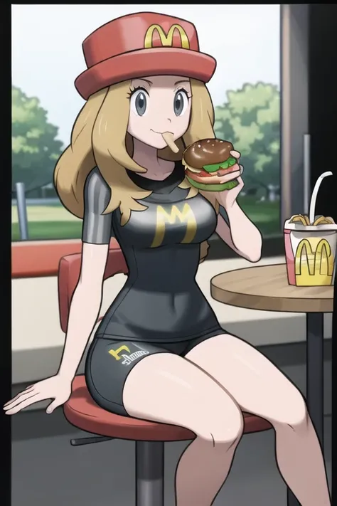(masterpiece:1.2), (best quality:1.2), 1girl, solo, (mature female:1.1), (perfect face:1.3), ,detailed legs, shoes, full body, ((detailed anatomy)), (athletic),medium breasts, breasts, highres, solo, medium thighs, (eating a hamburger:1.3), (inside a McDonalds:1.3), happy, sitting, table, (pov:1.2),
character_pokemon_serena, hat, eyewear on headwear, McDonalds uniform, grey eyes, <lora:Serena:0.5>, slender frame, (soft:1.2),
pokemon, generation 6, <lora:Pokemon (Style):1>