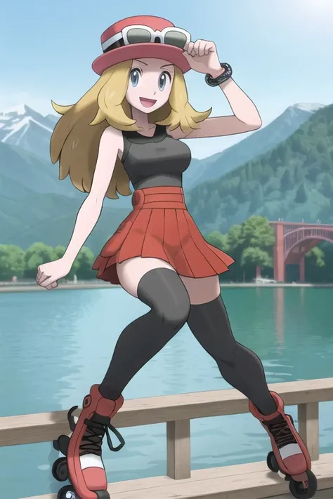 (masterpiece:1.2), (best quality:1.2), 1girl, solo, (mature female:1.1), (perfect face:1.3), (shoes:1.1), rollerskating, dynamic pose, (full body), ((detailed anatomy)), (athletic), looking at viewer, medium breasts, breasts, highres, [(hands:1.25): (detailed fingers:1.2):10], (sunny lake shore with mountains and bridge background:1.3), solo, (happy:1.2), (dynamic camera angle:1.2)

character_pokemon_serena, hat, eyewear on headwear, sleeveless shirt, red high-waist skirt, thighhighs, shoes, mega ring, rollerskates, grey eyes, <lora:Serena:0.5>, (soft:1.2)

pokemon, generation 6, <lora:Pokemon (Style):1>