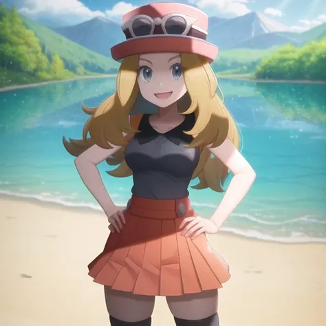 <lora:character_pokemon_serena_v2:0.7> lake, sunny, 1girl, character_pokemon_serena, solo, cowboy shot, standing, hands on hips, looking at viewer, grey eyes, smile, open mouth, hat, eyewear on headwear, sleeveless shirt, high-waist skirt, thighhighs