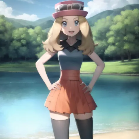 <lora:character_pokemon_serena_v3:1> serena \(pokemon\), lake, sunny, 1girl, solo, cowboy shot, standing, hands on hips, looking at viewer, grey eyes, smile, open mouth, hat, eyewear on headwear, sleeveless shirt, high-waist skirt, thighhighs,
