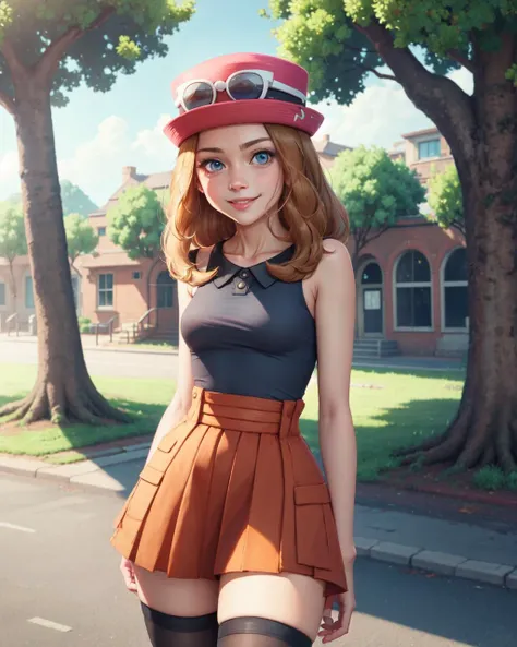 (masterpiece:1.4), ((best quality)), (detailed), absurdres, 4k, <lora:PokSerenaV3:1>, serena \(pokemon\), solo, pretty 1girl, blue eyes, hat, eyewear on headwear, sleeveless shirt, high-waist skirt, thighhighs, global illumination, detailed eyes, detailed face, shiny skin, looking at viewer, smile, outdoors, sky, pose, cowboy shot,