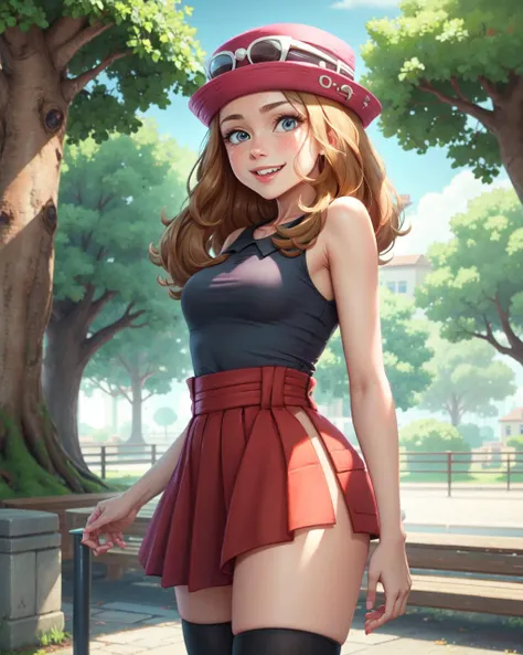 (masterpiece:1.4), ((best quality)), (detailed), absurdres, 4k, <lora:character_pokemon_serena_v3:1>, serena \(pokemon\), solo, pretty 1girl, blue eyes, hat, eyewear on headwear, sleeveless shirt, red high-waist skirt, thighhighs, global illumination, detailed eyes, detailed face, shiny skin, looking at viewer, smile, teeth, outdoors, sky, pose, cowboy shot, (from side),