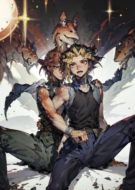 masterpiece, best quality, yugi muto, black hair, jacket on shoulders, sleeveless shirt, blue pants, <lora:yugiMuto_v10:0.8>, jar jar binks, Beautiful Art Style, 2girls, mutual masturbation, looking at another, lying, spread legs, <lora:Saya-mutual masturbation(yuri):0.9> <lora:jarJarBinksGunganStar_v3:0.6>