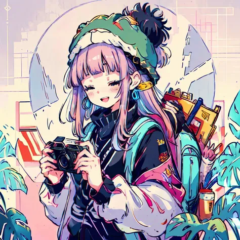 pop_girl, 1girl, solo, long hair, blush, smile, open mouth, bangs, long sleeves, hat, holding, jewelry, closed eyes, upper body, pink hair, earrings, blunt bangs, bag, black headwear, leaf, piercing, backpack, ear piercing, camera, beanie, on head, frog, animal on head, handheld game console, holding camera, <lyco:pop_girl_v1:0.9>