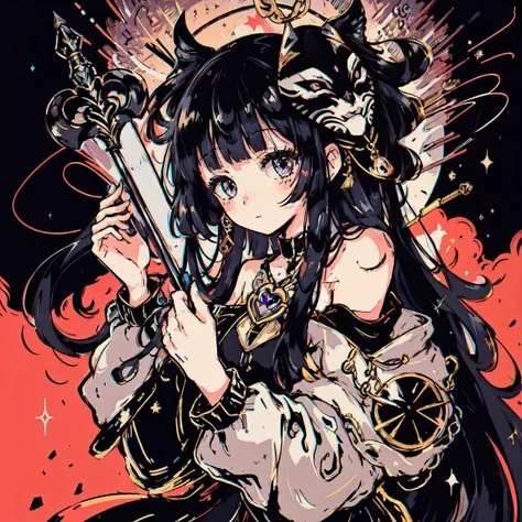 pop_girl, 1girl, solo, long hair, looking at viewer, bangs, black hair, long sleeves, holding, very long hair, upper body, heart, off shoulder, star \(symbol\), black eyes, mask, bandaid, wand, sticker <lyco:pop_girl_lycoris:0.7>