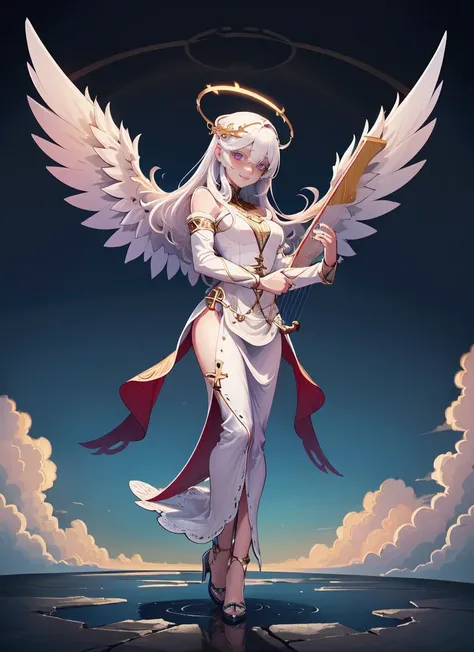 ((best quality)), ((highly detailed)), absurdres, detailed face, beautiful face, (detailed eyes, deep eyes), (1girl), close-up, dynamic pose, full body, wide shot, ((cherub playing a harp, short)), angelic, <lora:whiteeyelash:1.5>, eyelashes, Eggshell white hair, (floating hair), purple eyes, large white wings, symmetrical wings, (halo), golden glow, calm smile, long hair, flowing (white gown), maxiskirt, <lora:EraseGroinSkirt:1.5>, (cross), (clouds), <lora:prayhands:.8>, prayhands, interlocked fingers, own hands together, (inside, on an elevator), <lora:BBC-chan [MockAi - v1.0]:.85>, bbccan, simple shading