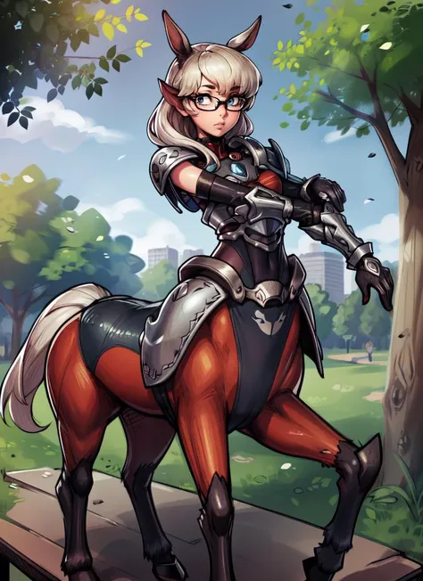 ((best quality)), ((highly detailed)), absurdres, extremely detailed face, beautiful face, (detailed eyes, deep eyes), <lora:more_details:.4>, (1girl), (glasses), fisheye lense, dynamic pose, cowboy shot, <lora:aiomonstergirls_loraLocon:.6>, <lora:animeCentaur_v10:1>, (centaur), taur, horse ears, hooves, <lora:armorleo2:.9>, armored leotard, shoulder pauldrons, (outdoors, at a park, trees, path, on a park bench, midday), <lora:BBC-chan [MockAi - v1.0]:.85>, bbccan, simple shading