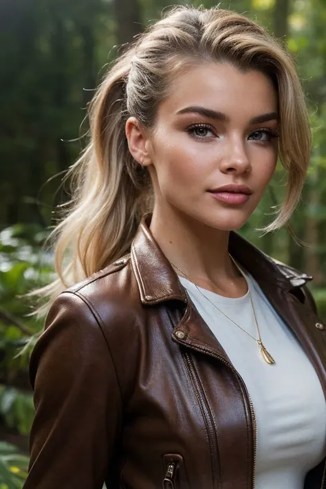 headshot of S192_JeanWatts,a gorgeous woman,in a (misty-forest:1.1),wearing a (brown-leather-jacket:1.1),(ponytail:1.1),(8k, RAW photo, best quality, depth of field, ultra high res:1.2),(absurdres, intricate, photorealistic, masterpiece, ultra-detailed:1.3),