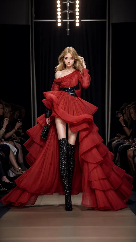 1girl, Stunningly Beautiful Girl, Haute_Couture, designer dress, wearing Haute_Couture, posing for a picture, fashion show, Long shaped face, angry, crazy, dark red eyes, Sandy Blonde side-swept hair, short hair, long ringlets, catwalk \(walkway\), , colorful, vivid colors, masterpiece, best quality, absurdres, highest quality, amazing details, 8k, aesthetic, <lora:add_detail:0.2> <lora:more_details:0.2>