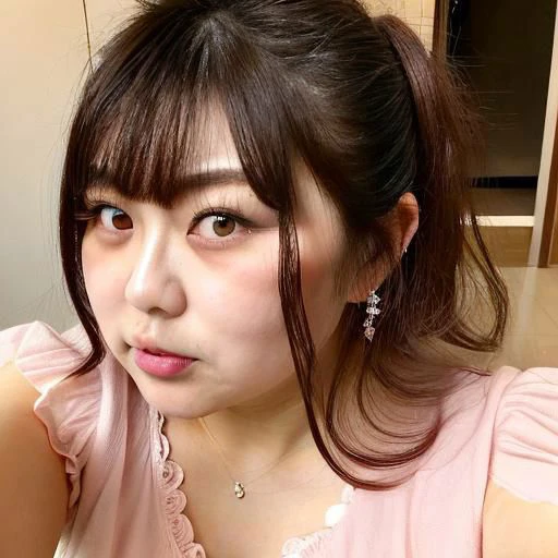 japanese fat hostess.
32 years.
weight 90kg.
There are spots on the skin.
very big face.
round face.
nose is smooshed.
puff my cheeks.
long hair. 
brown hair.
split ends.
messy hair.
big black eyes.
big eye makeup.
eyelashes.
pink shadow.
double-fold eyelid.
Selfie with smartphone from diagonally above.
shoot indoors.
H cup. chest is visible.
revealing clothing.
camisole.