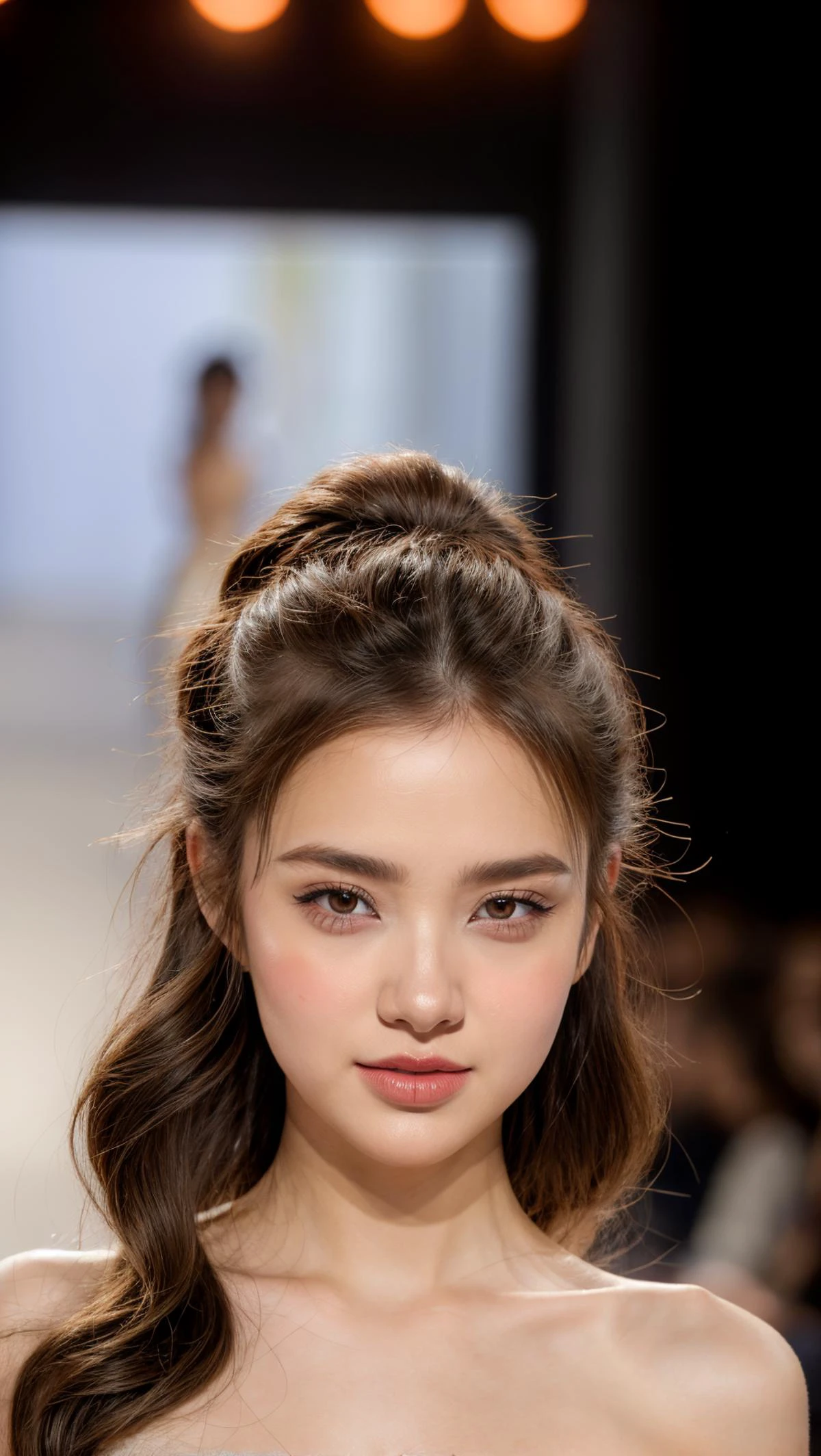 girlvn01, 1girl, smile, Stunningly Beautiful Girl, Haute_Couture, designer dress, wearing Haute_Couture, posing for a picture, fashion show, Long shaped face, dark red eyes, Sandy Blonde side-swept hair, long hair, long ringlets, catwalk \(walkway\), , colorful, vivid colors, masterpiece, best quality, absurdres, highest quality, amazing details, 8k, aesthetic, <lora:girl_SDLife_Chiasedamme_v2.3:0.6> <lora:add_detail:0.2> <lora:more_details:0.2> <lora:girlcuchoamiface_SDLife_Chiasedamme_v2.0:0.4>