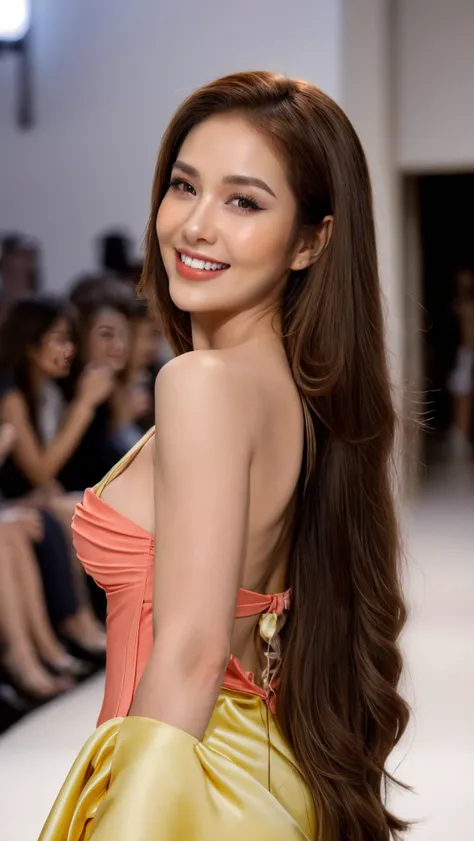 girlvn01, 1girl, smile, Stunningly Beautiful Girl, Haute_Couture, designer dress, wearing Haute_Couture, posing for a picture, fashion show, Long shaped face, dark red eyes, Sandy Blonde side-swept hair, long hair, long ringlets, catwalk \(walkway\), , colorful, vivid colors, masterpiece, best quality, absurdres, highest quality, amazing details, 8k, aesthetic, <lora:girl_SDLife_Chiasedamme_v2.3:0.5> <lora:girlvn01_SDLifr_Chiasedamme_v1.0:0.68> <lora:add_detail:0.2> <lora:more_details:0.2>