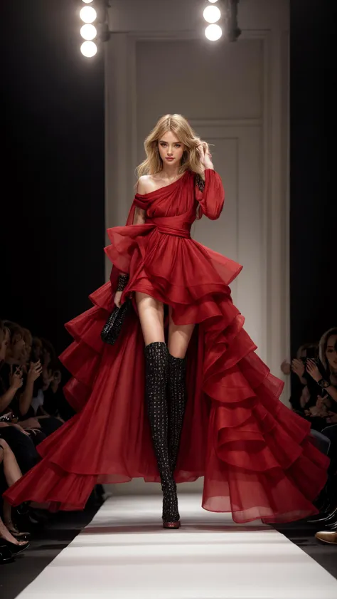 1girl, Stunningly Beautiful Girl, Haute_Couture, designer dress, wearing Haute_Couture, posing for a picture, fashion show, Long shaped face, angry, crazy, dark red eyes, Sandy Blonde side-swept hair, short hair, long ringlets, catwalk \(walkway\), , colorful, vivid colors, masterpiece, best quality, absurdres, highest quality, amazing details, 8k, aesthetic, <lora:add_detail:0.2> <lora:more_details:0.2>