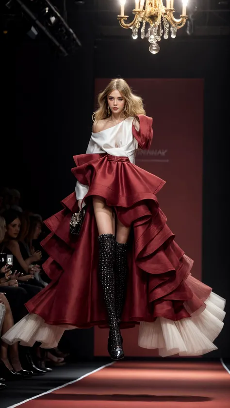 1girl, Stunningly Beautiful Girl, Haute_Couture, designer dress, wearing Haute_Couture, posing for a picture, fashion show, Long shaped face, angry, crazy, dark red eyes, Sandy Blonde side-swept hair, short hair, long ringlets, catwalk \(walkway\), , colorful, vivid colors, masterpiece, best quality, absurdres, highest quality, amazing details, 8k, aesthetic, <lora:add_detail:0.2> <lora:more_details:0.2>