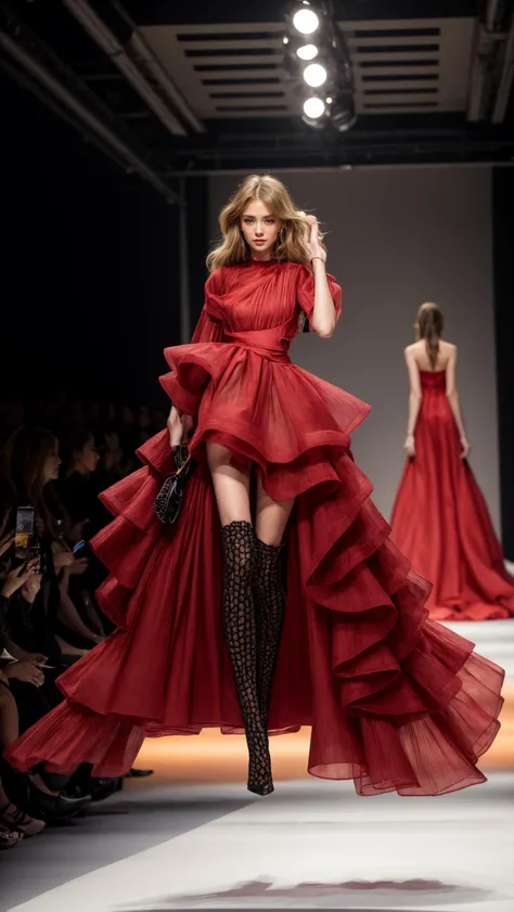1girl, Stunningly Beautiful Girl, Haute_Couture, designer dress, wearing Haute_Couture, posing for a picture, fashion show, Long shaped face, angry, crazy, dark red eyes, Sandy Blonde side-swept hair, short hair, long ringlets, catwalk \(walkway\), , colorful, vivid colors, masterpiece, best quality, absurdres, highest quality, amazing details, 8k, aesthetic, <lora:add_detail:0.2> <lora:more_details:0.2>