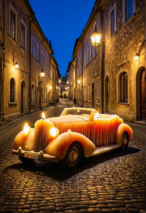 A vintage car made of mad-candles, parked on a cobblestone street in an old European town. <lora:Candles_SDXL:1>