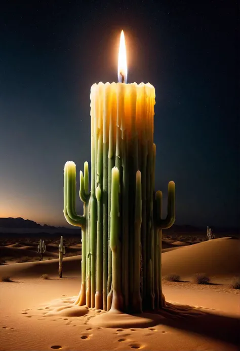 A cactus made of mad-candles, in the center of a desert, with bewildered camels wondering why it's not prickly <lora:Candles_SDXL:1>