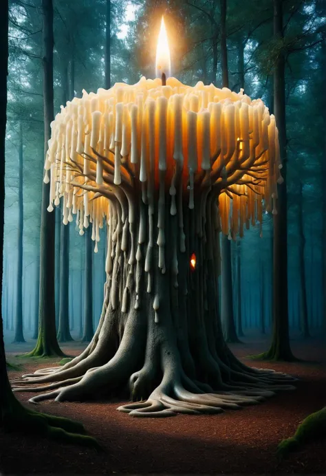 An ancient tree made of mad-candles, standing in the center of an enchanted forest. <lora:Candles_SDXL:1>