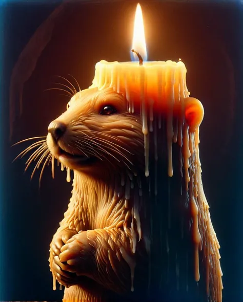 made of mad-candles, stylized by Junji Ito, Paul Cadmus, Color splash, close up of a Beaver, pretty, Candle light, film grain, Fujicolor Fujichrome Velvia 100, Selective focus, One Color, cityscape, <lora:Candles_SDXL:1>