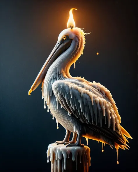 made of mad-candles, Photograph, Oil painting, Oil painting, Pelican, the Pelican is Gigantic, Winter, Bokeh, Frightening, masterpiece, side lit, Nikon d3300, L USM, Fujifilm Superia, photorealism, <lora:Candles_SDXL:1>