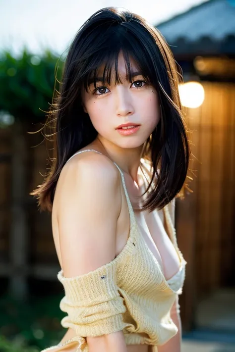 1girl, best quality, photo-realistic: 1.37, ultra high res, masterpiece, outdoor, detailed eyes, real skin, perfect anatomy, (PureErosFace_V1:0.8), detail face, backwards virgin killer sweater, turn around body, golden hair, full body, photorealistic, night ,<lora:miku_v1:1>,
