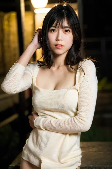 1girl, best quality, photo-realistic: 1.37, ultra high res, masterpiece, outdoor, detailed eyes, nice eyes makeup, real skin, perfect anatomy, short hair, (PureErosFace_V1:0.8), detail face, backwards virgin killer sweater, turn around body, golden hair, full body, photorealistic, night ,<lora:miku_v1:1>,