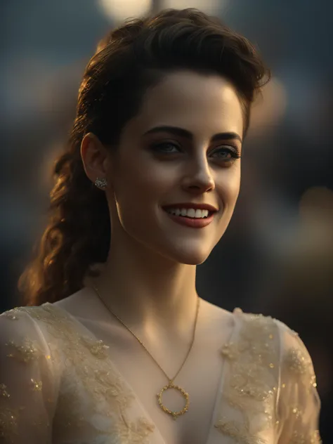 Kristen Stewart , RAW photo , half body shot, very transparent clothes , front facing, pale skin, innocent smile, ((detailed face)), (detailed skin), intricate details, shallow depth of field, [volumetric fog], cinematic lighting, reflections, photographed on a Canon EOS R5, HDR, 8k resolution, smiling, Day time,