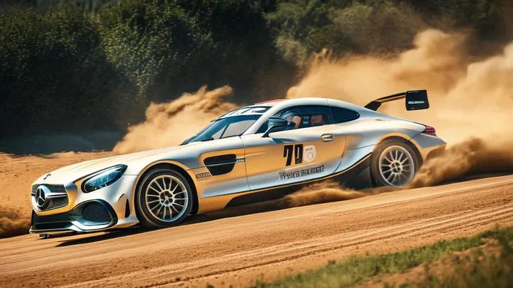 "Photorealistic Images: {A Mercedes-Benz sports car speeding on a racetrack, leaving a trail of dust behind}, Professional Photograph, No Art Styles, No Art Inspirations, Super Telephoto Camera Lens, Action Shot, (High Speed:1.25), (High Resolution:1.2), (Professional:1.3), (Golden Ratio:1.1)"