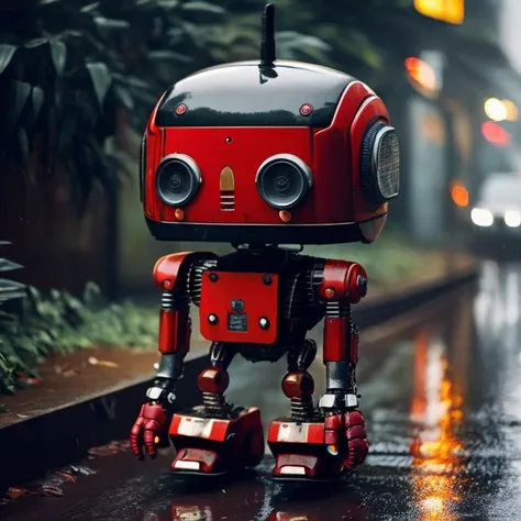 a cute little robot standing down in the rain, in the style of cyberpunk dystopia, red and amber, photo-realistic techniques, goblincore, quadratura, mechanical realism, junglepunk