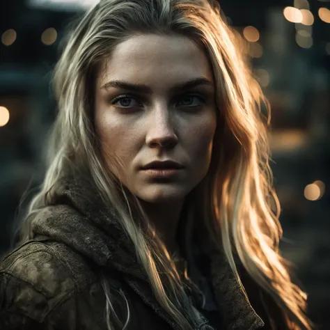 RAW photo, a close up portrait photo of 30 y.o woman in wastelander clothes, blonde with lowlights, long haircut, pale skin, slim body, background is city ruins, (high detailed skin:1.2), 8k uhd, dslr, soft lighting, high quality, film grain, Fujifilm XT3