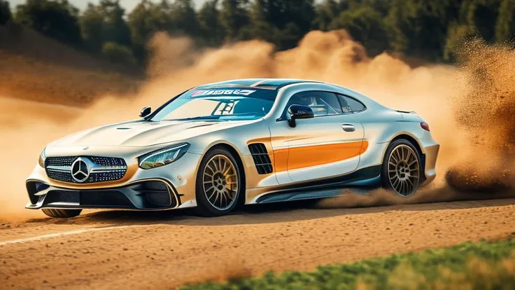"Photorealistic Images: {A Mercedes-Benz sports car speeding on a racetrack, leaving a trail of dust behind}, Professional Photograph, No Art Styles, No Art Inspirations, Super Telephoto Camera Lens, Action Shot, (High Speed:1.25), (High Resolution:1.2), (Professional:1.3), (Golden Ratio:1.1)"