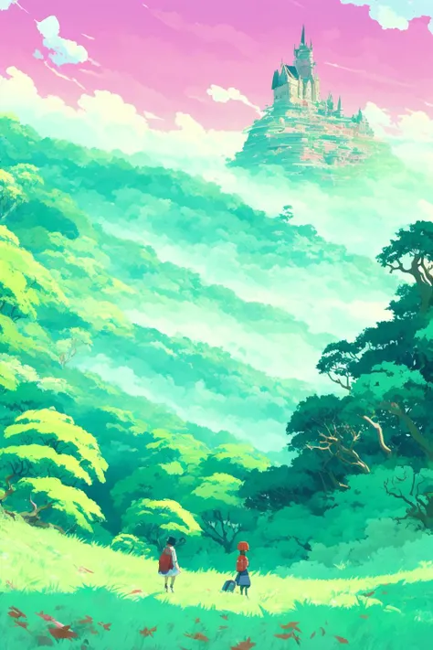 dense forest, mixed forest and valley with a castle on top of the hill in winter, by makoto shinkai, thomas kinkade, james gilleard, very detailed, deviantart, 4k wallpaper, tropical, colorful, airy, anime illustration, trending on artstation, pixiv, digital art, oil painting, matte, very beautiful scenery, studio ghibli, anime style, anime