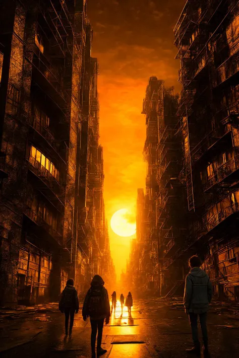 post-apocalypse world, lost people, melancholy, dystopia, trending on art-station, 4k ultra hd, super detailed, unreal engine 5 render, raytracing, cinematic lighting, vivid colors, ultra wide angle, 3d by dave mckean and richard corben + ross tran + ramon cheng, beautiful composition, intricate, hyper realistic, 4k, masterpiece, post processing, unreal engine