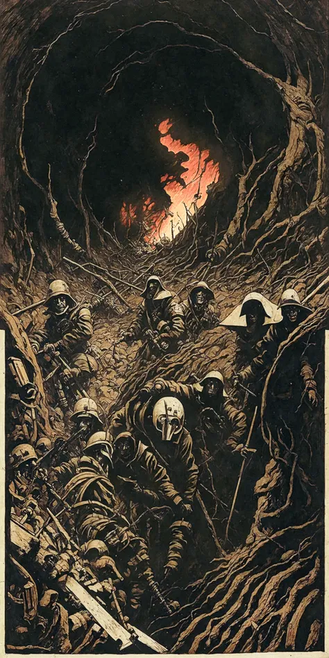 Verdun's Inferno, 1916, First World War, Artillery,Tunneling,Triage, Mud, Explosions,Choking dust,Stifled cries, Bleak,Sinister, Horror,Apprehension,Grief, Full moon, Collage, Space, Triadic, high contrast, shadows, ultra detailed, intricate, surrealism, glazing, dry brush, oil on canvas