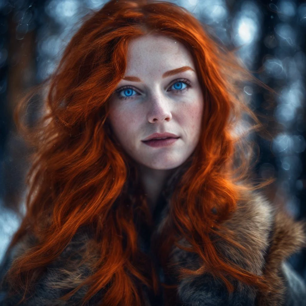 RAW photo, close up of a European woman, ginger hair, deep blue eyes, beautiful face, seductive smirk, winter forest, windy, intricate details, soft light, exposure blend, HDR