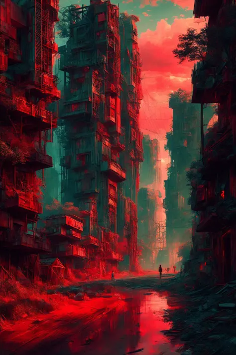 post-apocalypse world, lost people, melancholy, dystopia, postapocalyptic, by greg rutkowski and thomas kinkade, trending on artstation, 3d render octane, unreal engine, 4k, 8k, hd, highly detailed, full color, digital art, red colors. beeple very expressive detailed image in the style of james gurney. masterpiece. rendered in octane,