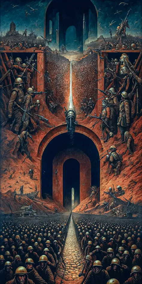 The First World War, Tunneling,Grenades,Barrages, Dust storms, Screams, Haunting,Menacing,Ghoulish, Torment,Despair,Grief, Mirrors, Trompe l'oeil, Symmetry, Tertiary colors, ultra detailed, intricate, surrealism, glazing, dry brush, oil on canvas