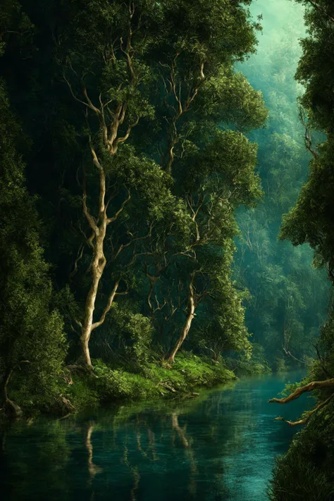 dense forest, mixed forest and trees with a river running through it. the tree is dark blue. by james gurney. trending on artstation, hyperrealism, high detail, vibrant. 8k ultra hd octane render. volumetric cinematic lighting. epic. masterpiece, hyperrealism, michelangelo da caravaggio, beksinski, giger style, masterpiece, perfect composition, intricate detail,