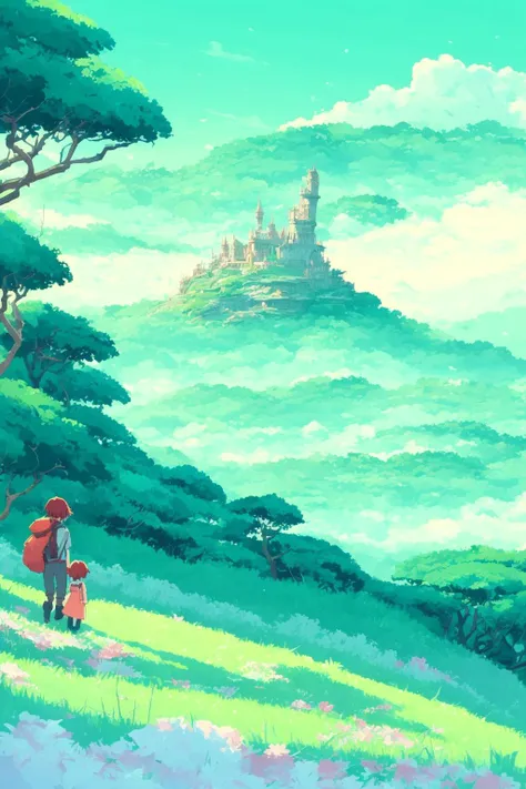 dense forest, mixed forest and valley with a castle on top of the hill in winter, by makoto shinkai, thomas kinkade, james gilleard, very detailed, deviantart, 4k wallpaper, tropical, colorful, airy, anime illustration, trending on artstation, pixiv, digital art, oil painting, matte, very beautiful scenery, studio ghibli, anime style, anime