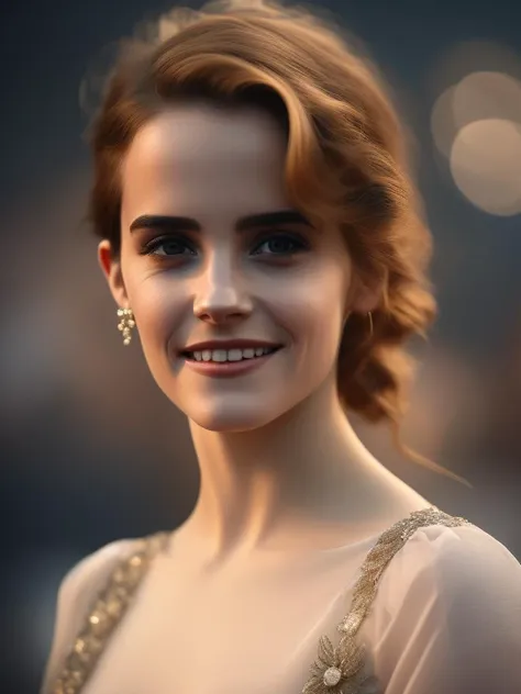 Emma Watson 18, RAW photo , half body shot,  very transparent clothes , front facing, pale skin, innocent smile, ((detailed face)), (detailed skin), intricate details, shallow depth of field, [volumetric fog], cinematic lighting, reflections, photographed on a Canon EOS R5, HDR, 8k resolution, smiling, Day time,