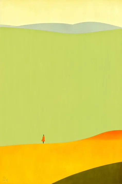 spacious world, gloom, melancholy, apathy, inhuman people walking through a field of flowers and grass by edward hopper, oil-on-canvas print, surrealism, vivid colors, serene, golden ratio, rule of thirds, negative space, minimalist composition, cold hue's, warm tone gradient background, concept art, beautiful composition, digital painting, 8k. artist. james gurney. greg rut