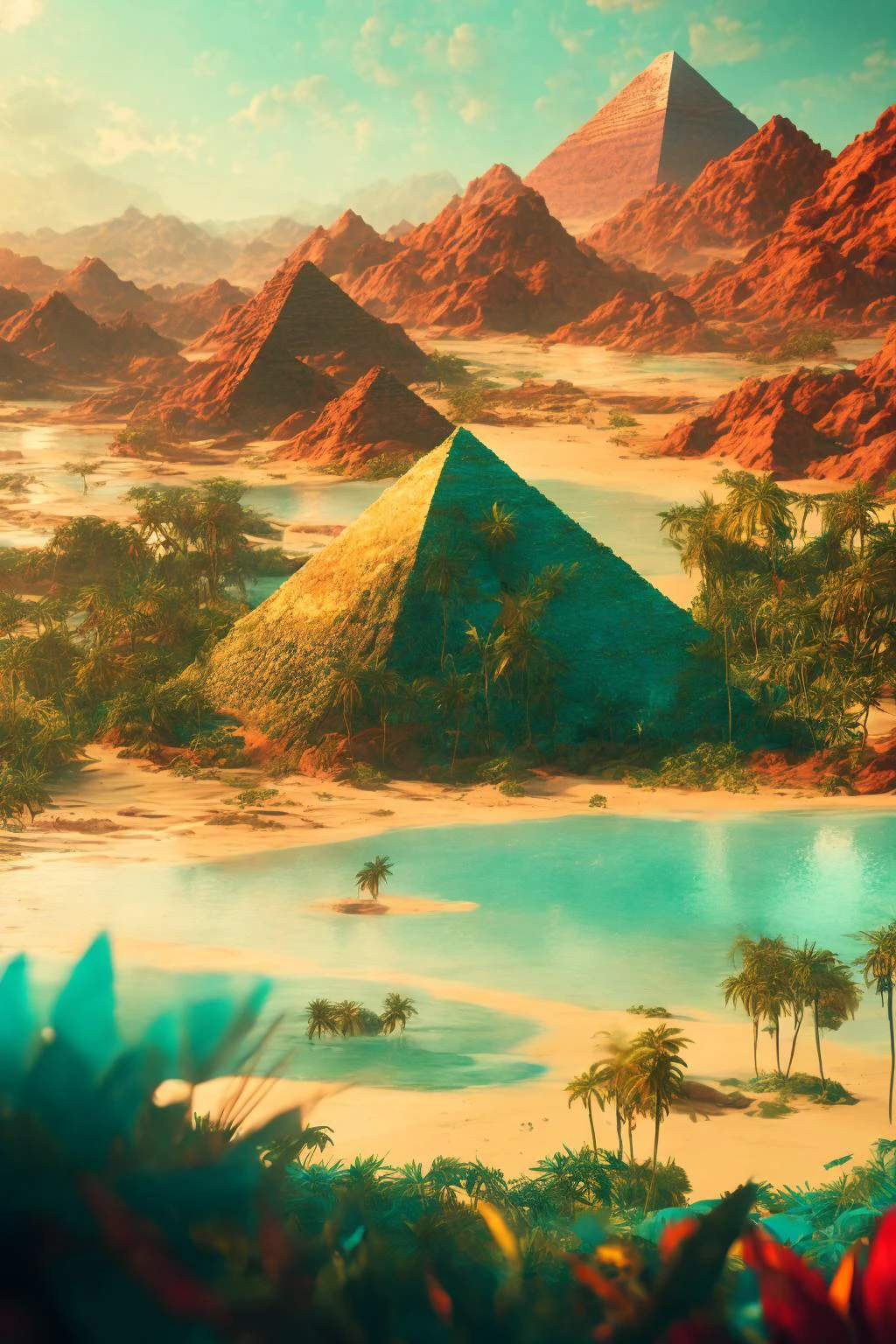 desert, oasis, pyramids in the jungle and mountains with a glowing lake. trending on artstation. halo. octane render, cinematic, hyper realism, octane render, 8k, depth of field, bokeh. iridescent accents. vibrant. teal gold and red color scheme. futuristic sci-fi. highly detailed. vivid color glow. digital artstation. concept art. cinema 4d. ray tracing