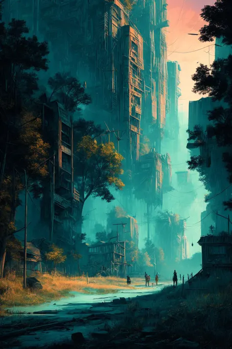 post-apocalypse world, lost people, melancholy, dystopia, digital painting trending on artstation by simon stalenhag, greg rutkowski and thomas kinkade 4k 8k hd wallpaper octane render photorealistic concept art matte painting, intricate detailed environment. trending on cgsociety, cinematic atmosphere, unreal engine, post processing, ultra realistic, concept art, sharp focus, illustration, vibrant colors,