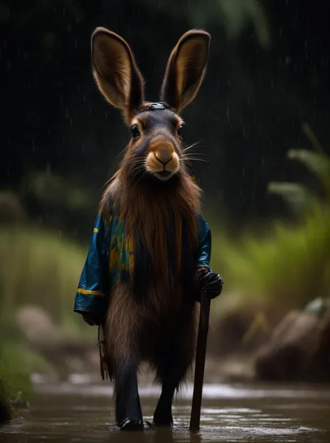 A tall hare dressed as a touareg agbada bounty hunter and holding a long stick in the african bayou during a thunderstorm,((heavy rain,soaking wet furry)),in a dark environnement, Canon Eos R5,30mm,f/1.6l, muted colors,(centered,perect composition, symmetrical,ultra hd, 8k), hdr, 32k,CinemaHelper