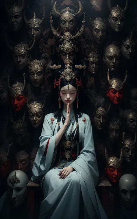 a woman meditating in front of lots of masks, in the style of zhang jingna, photomontage, hirohiko araki, oriental, sergio toppi, theatrical, poster art <lora:~Q?]b|-O[:0.8>