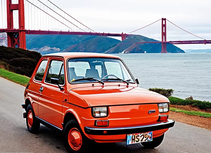 photo of fiatntwsxp car <lora:locon_fiatonetwosixp_v1_from_v1_64_32:1> , in San Francisco, with the Golden Gate Bridge in the background, by Guy Bourdin, bohek, hasselblad, epic professional photography, sports illustrated, camel trophy photo