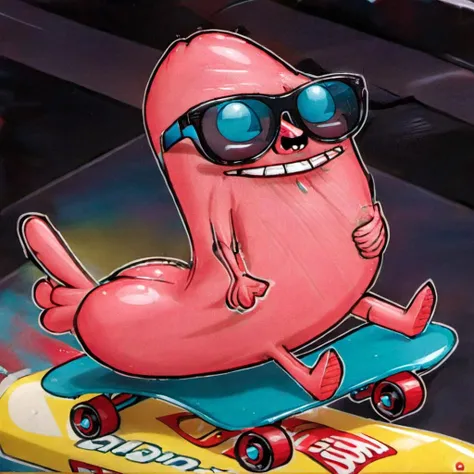 Dickbutt being super cool and riding a skateboard, as an 80's cartoon character, on a cereal box <lora:dickbutt02:1>, <lora:sdxl_lora_80scartoon:1>