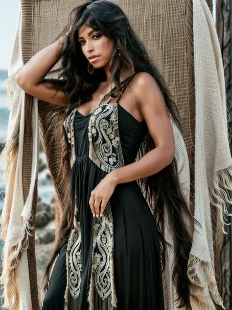 JC, portrait , long straight hair, Boho-chic maxi dress with flowing fabric, embroidered detailing, and fringe accents, photography, trending on artstation, sharp focus, intricate details, by greg rutkowski   <lora:JC:0.7>